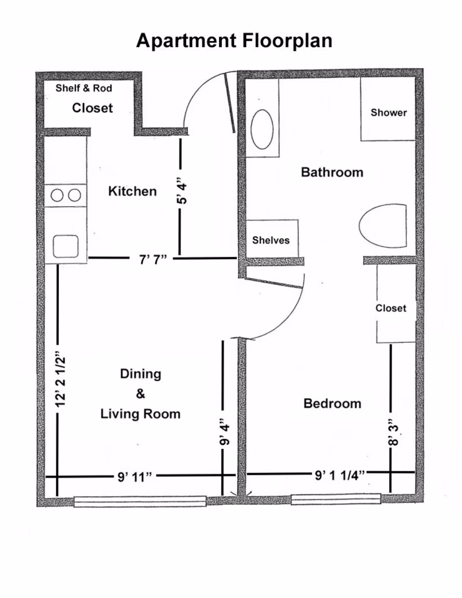 Black and white apartment floorplan showing a layout with a kitchen, dining and living room, bedroom, bathroom, and closets. Dimensions are marked for each room and features like shelves, shower, and rods are labeled.