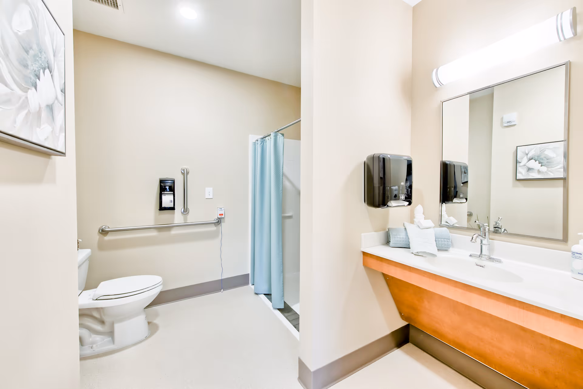 A clean and accessible bathroom with a toilet, grab bars, a shower with a blue curtain, a large mirror above a sink with a wooden cabinet, and a soap dispenser mounted on the wall. A floral painting is visible on the wall.