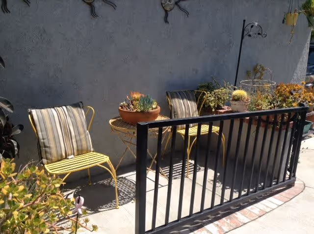 Outdoor patio area with two yellow metal chairs with striped cushions, a small round table with a potted succulent plant, and various other potted plants along a wall. A black metal railing separates the seating area from the walkway.