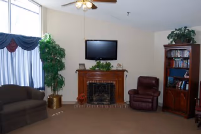 Common living room with a wall-mounted TV above a fireplace, a sofa and recliner, bookshelf, and potted plants by a large curtained window.