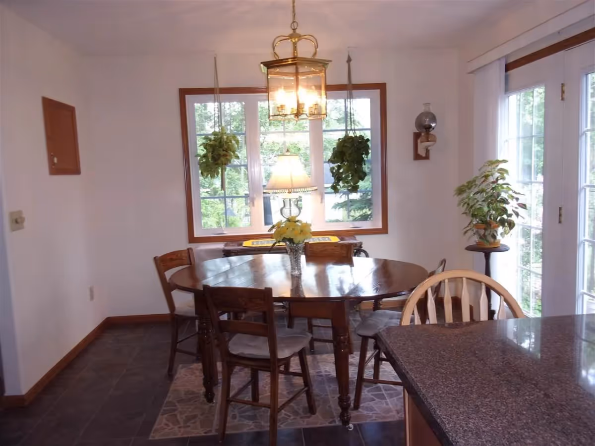 A dining area with a round wooden table surrounded by four chairs, a hanging light fixture above the table, two hanging plants in front of a window, a table lamp on a side table by the window, and a potted plant on a small stand near glass doors.