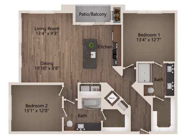 Floor plan of a two-bedroom apartment at Overture Andalucia showing dimensions for each room. The layout includes a living room, dining area, kitchen, two bedrooms, two bathrooms, a patio/balcony, and mechanical/storage spaces.