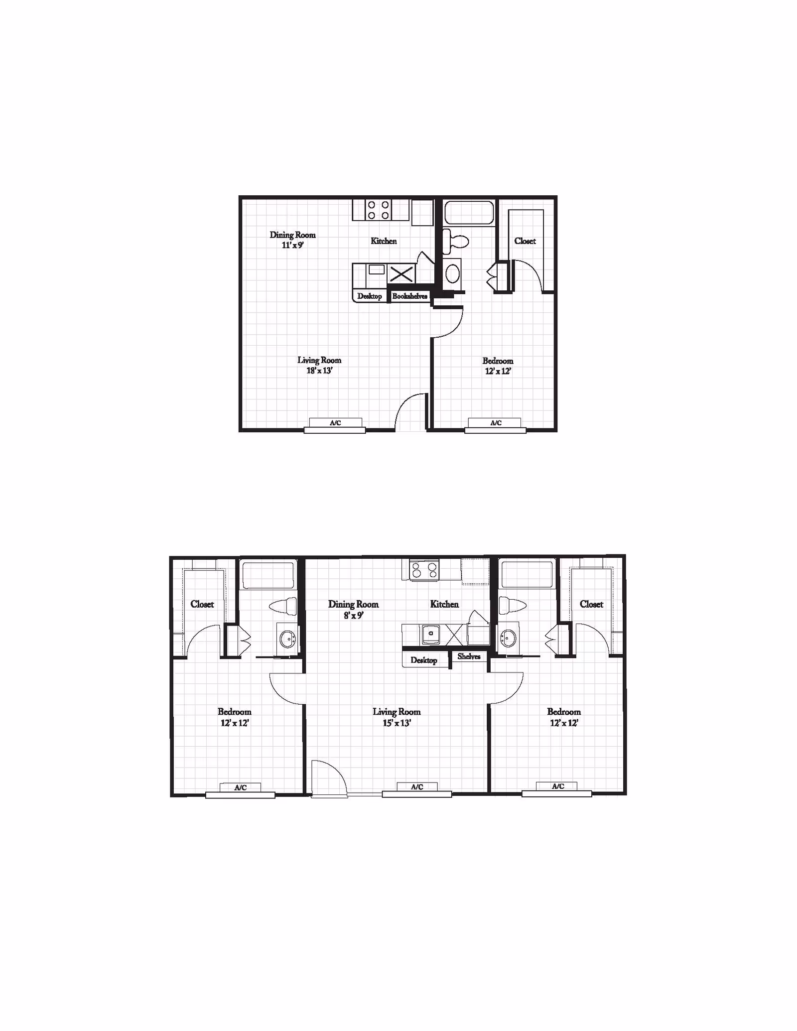 Two architectural floor plans showing layouts of residential units. The top plan features one bedroom, one bathroom, a living room, dining room, kitchen, closet, and air conditioning units. The bottom plan shows a larger layout with two bedrooms, two bathrooms, a living room, dining room, kitchen, closets, and air conditioning units. Both plans include labeled rooms and measurements.