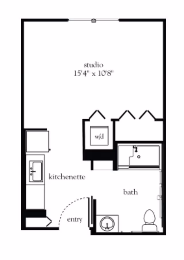 Floor plan of a studio apartment at StoryPoint Bolingbrook showing a studio area measuring 15 feet 4 inches by 10 feet 8 inches, a kitchenette, an entry, a bath with a sink, toilet, and bathtub, and a washer/dryer area.