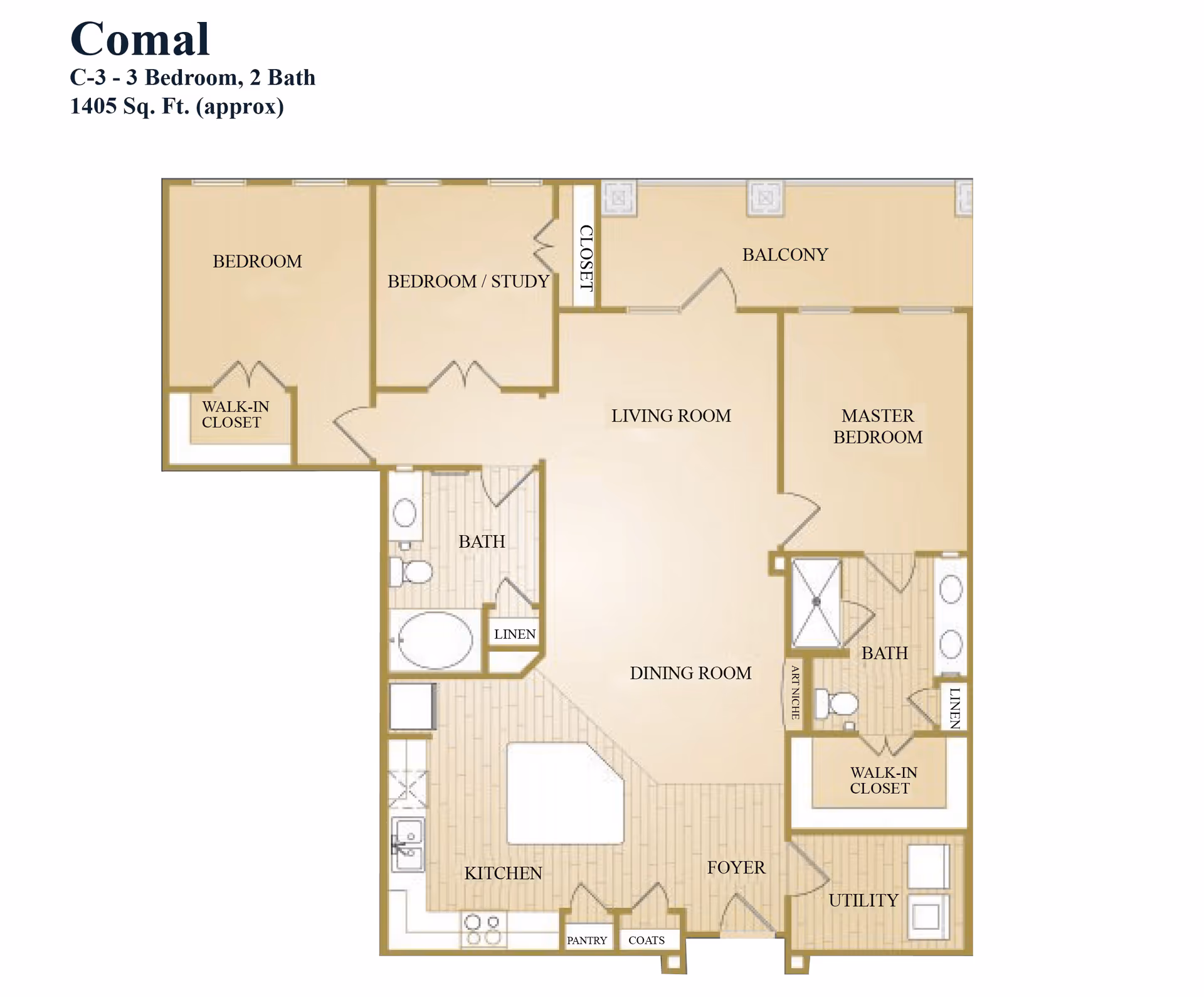 Floor plan of Comal unit at Landon Ridge Sugar Land Independent Living showing a 3 bedroom, 2 bath layout with 1405 square feet. Includes labeled areas: bedroom, bedroom/study, master bedroom with walk-in closet and bath, living room, dining room, kitchen, foyer, utility, balcony, pantry, coats closet, and linen closets.