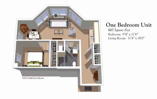 3D floor plan of a one-bedroom unit with 667 square feet, showing a bedroom with a bed, a living room with a sofa, chair, coffee table, and side tables, a bathroom with a toilet and shower, and an entry hallway with closets.