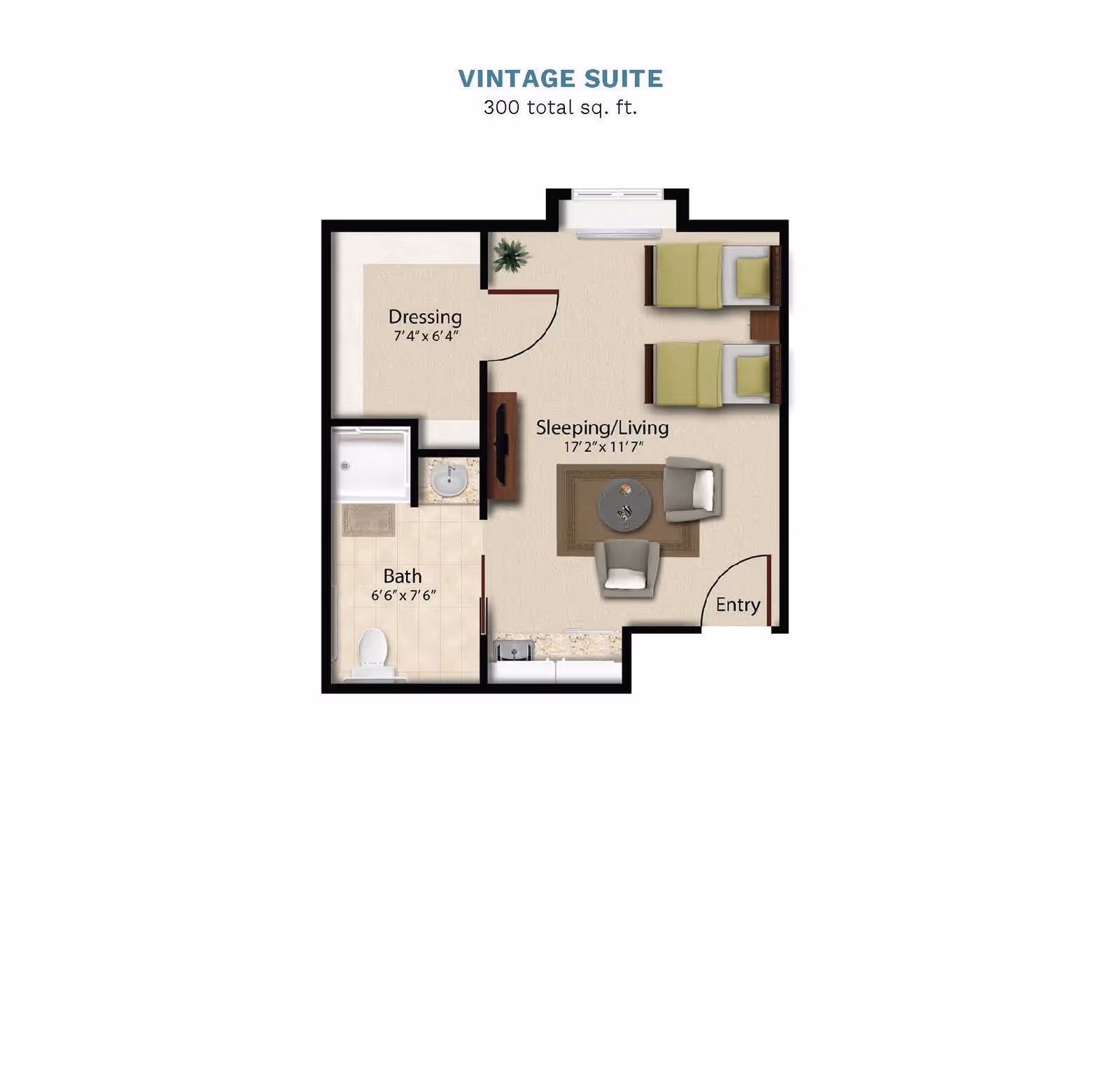 Floor plan of the Vintage Suite showing a 300 square feet layout with a dressing area, bath, and combined sleeping/living space with two beds, two chairs, a table, and an entry door.