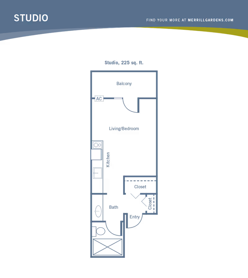 Floor plan of a studio apartment at Merrill Gardens at Barkley Place, showing a 225 square feet layout with a balcony, living/bedroom area, kitchen, bathroom, entry, and two closets.