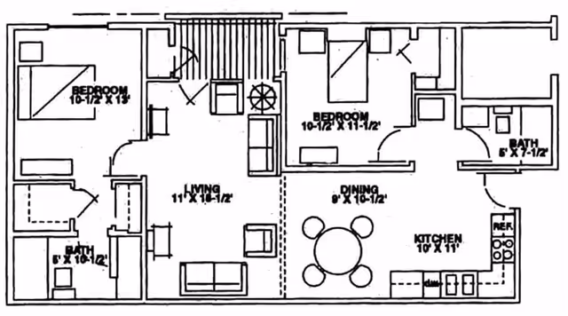 Black and white architectural floor plan of a two-bedroom apartment showing labeled rooms including two bedrooms, two bathrooms, living room, dining area, and kitchen with furniture and fixtures layout.