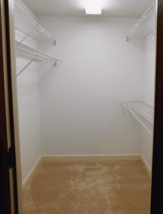 Empty walk-in closet with beige carpet and white wire shelving on three walls under a ceiling light.