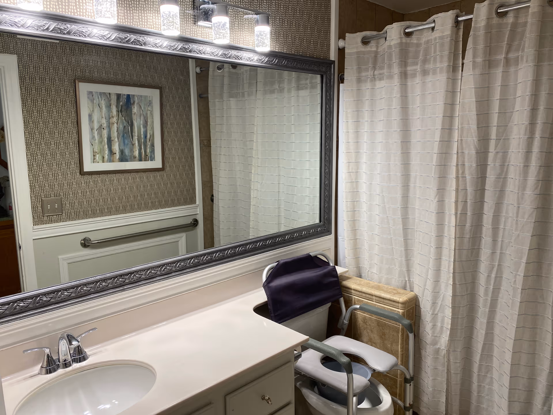 Bathroom interior with a large mirror above a white sink countertop, a framed picture on the wall, a grab bar, and a shower area with a beige curtain. There is also a raised toilet seat with armrests and a padded backrest.