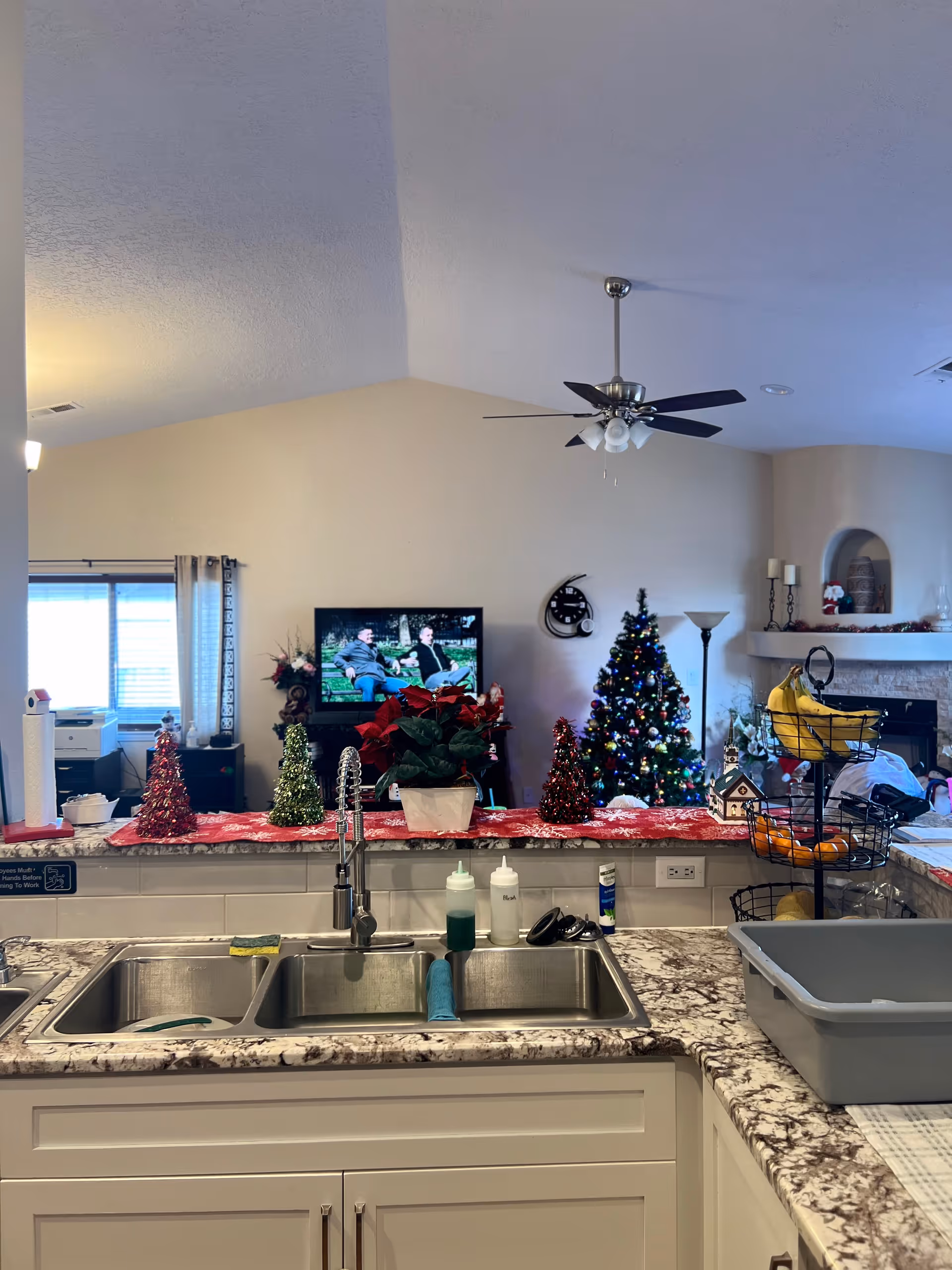 View from a kitchen sink across a decorated countertop into a living room with a Christmas tree and a TV.
