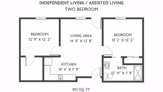 Floor plan for a two-bedroom independent living or assisted living unit at Traditions of Deerfield, showing dimensions for each room including two bedrooms, a living area, kitchen, and bathroom, totaling 813 square feet.