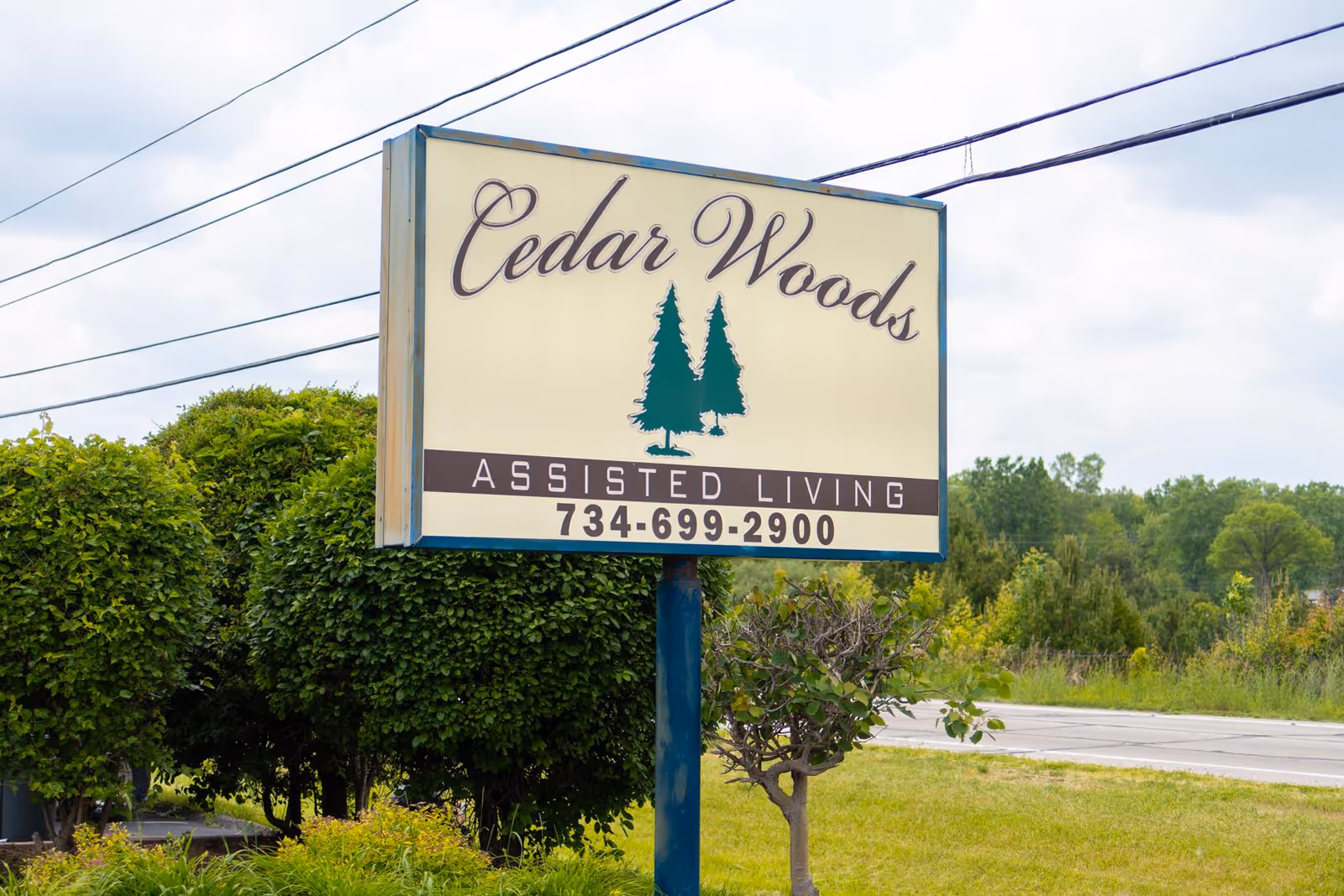 Roadside sign that reads "Cedar Woods Assisted Living" with a phone number, set beside shrubs and a road under a cloudy sky.