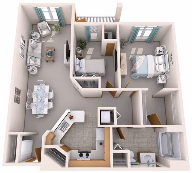 3D floor plan of an apartment featuring a living room with sofa, armchair, coffee table, and TV, a dining area with a table set for six, a kitchen with appliances and counter space, two bedrooms each with a bed and furniture, and a bathroom with a bathtub, toilet, and sink.