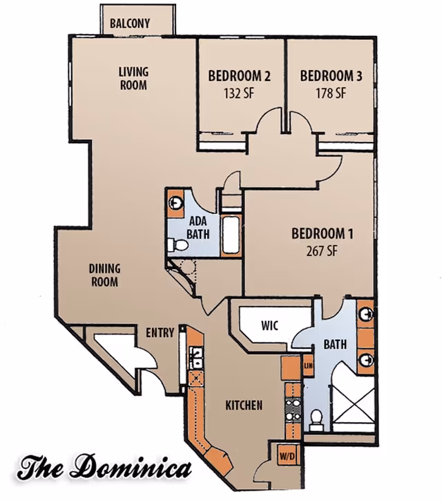 Floor plan diagram labeled 'The Dominica' showing a three-bedroom apartment with living room, dining room, kitchen, bathrooms, balcony, and walk-in closet.