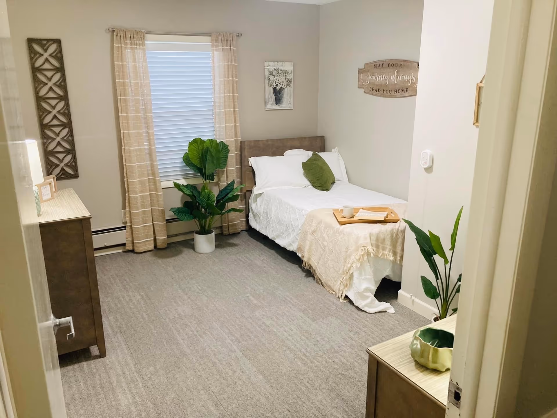A tidy bedroom with a single bed, dresser, window with curtains, and potted plants.