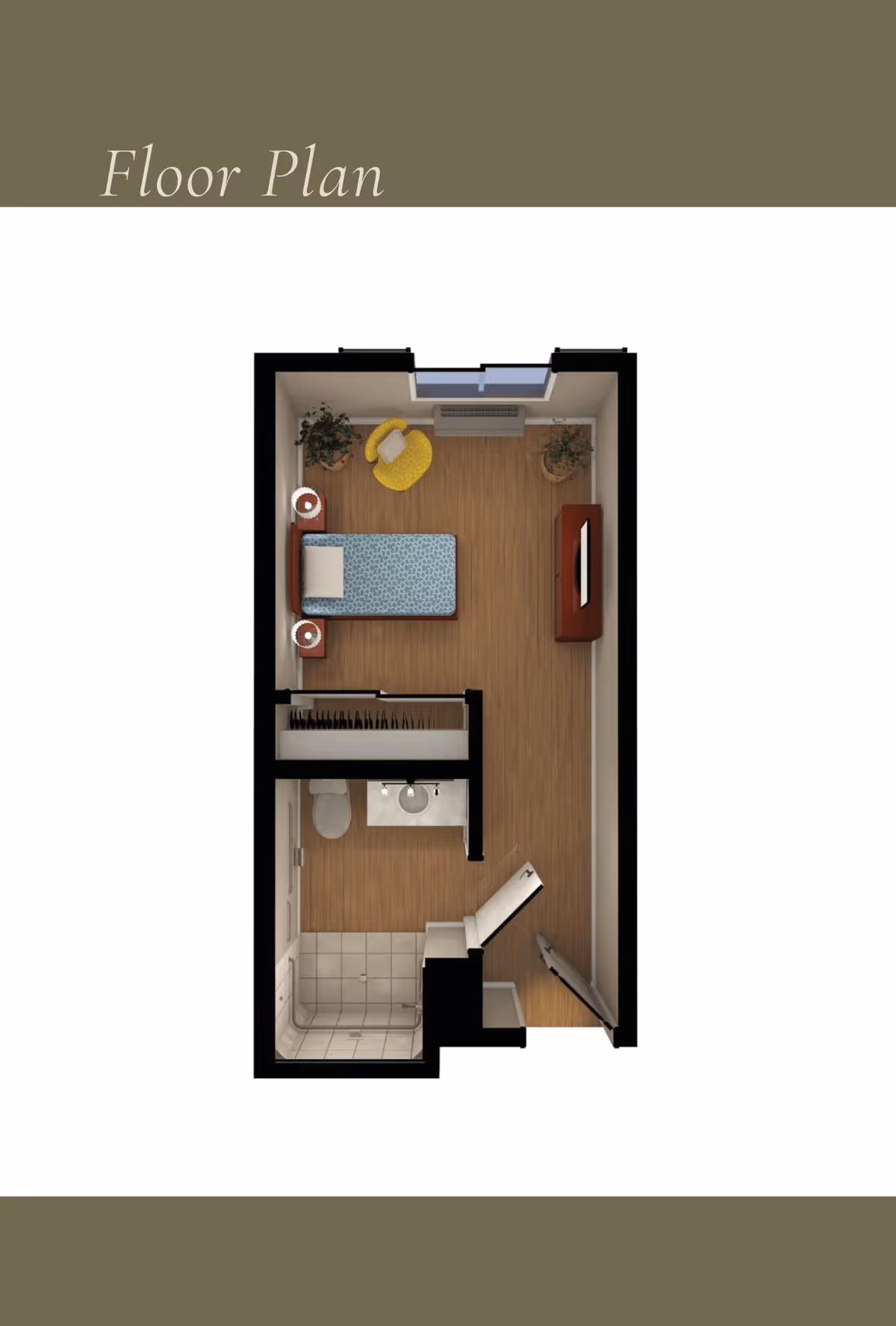 3D floor plan of a senior living unit featuring a bedroom with a single bed, two nightstands with lamps, a yellow armchair, two potted plants, a TV on a stand, a closet, and an attached bathroom with a toilet, sink, and shower.