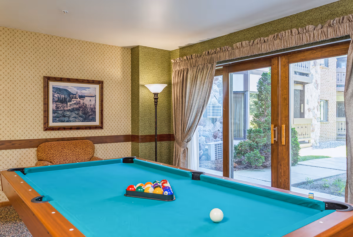 Interior room with a pool table set up for a game, a floor lamp, an armchair, framed artwork on the wall, and large sliding glass doors with curtains that open to an outdoor area with shrubs and a building exterior.