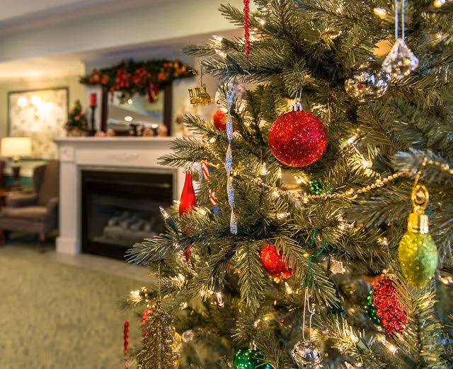 Close-up of a decorated Christmas tree with red, green, and gold ornaments and white lights in a cozy living room. In the background, there is a fireplace with holiday decorations on the mantel, a framed picture on the wall, and a comfortable armchair with a lamp beside it.