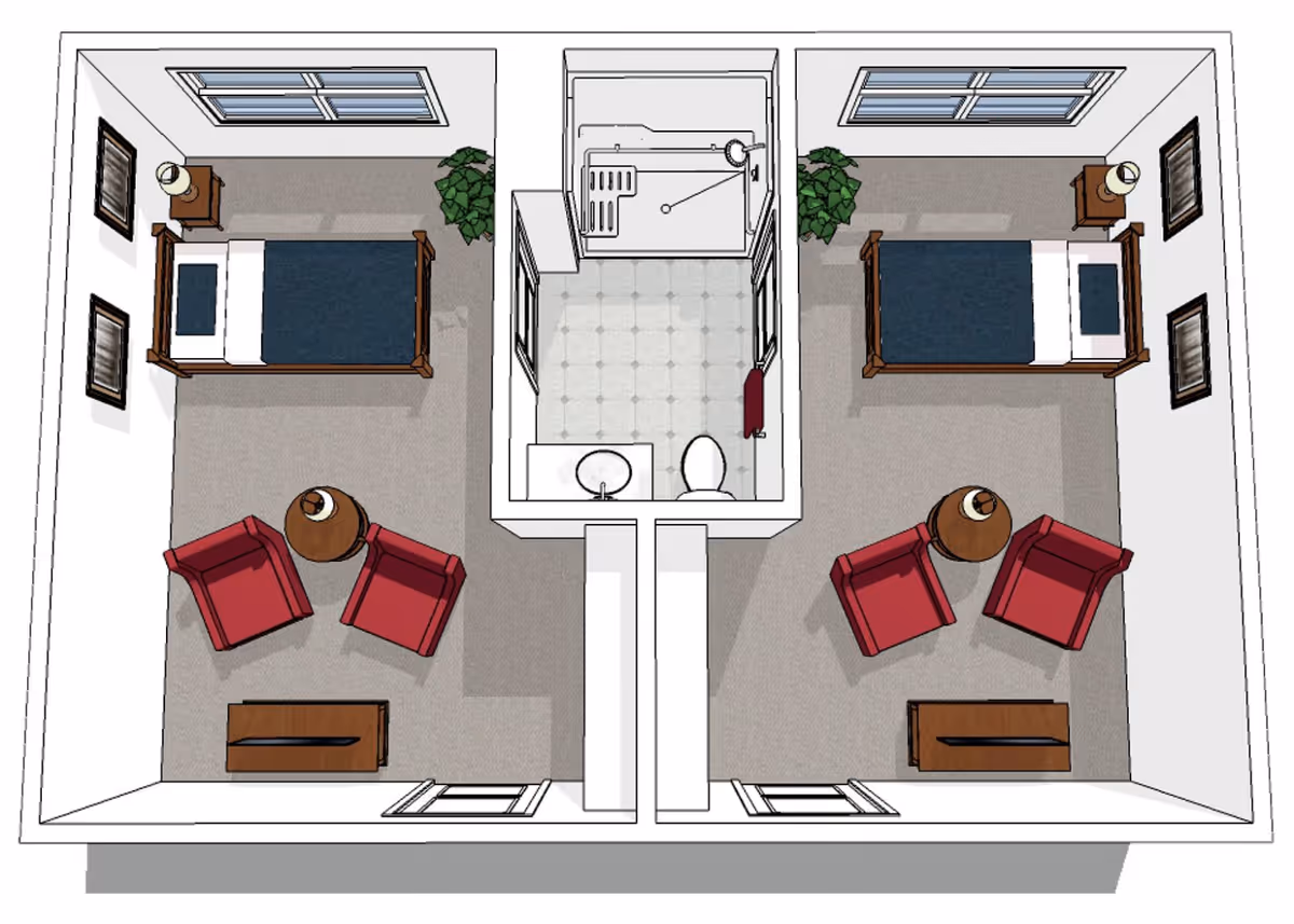 Top-down floor plan of a senior living facility room layout showing two identical bedrooms on either side of a central bathroom. Each bedroom contains a bed, two red armchairs with a small round table between them, a nightstand with a lamp, a dresser, and windows. The central bathroom includes a shower, toilet, sink, and a towel rack.