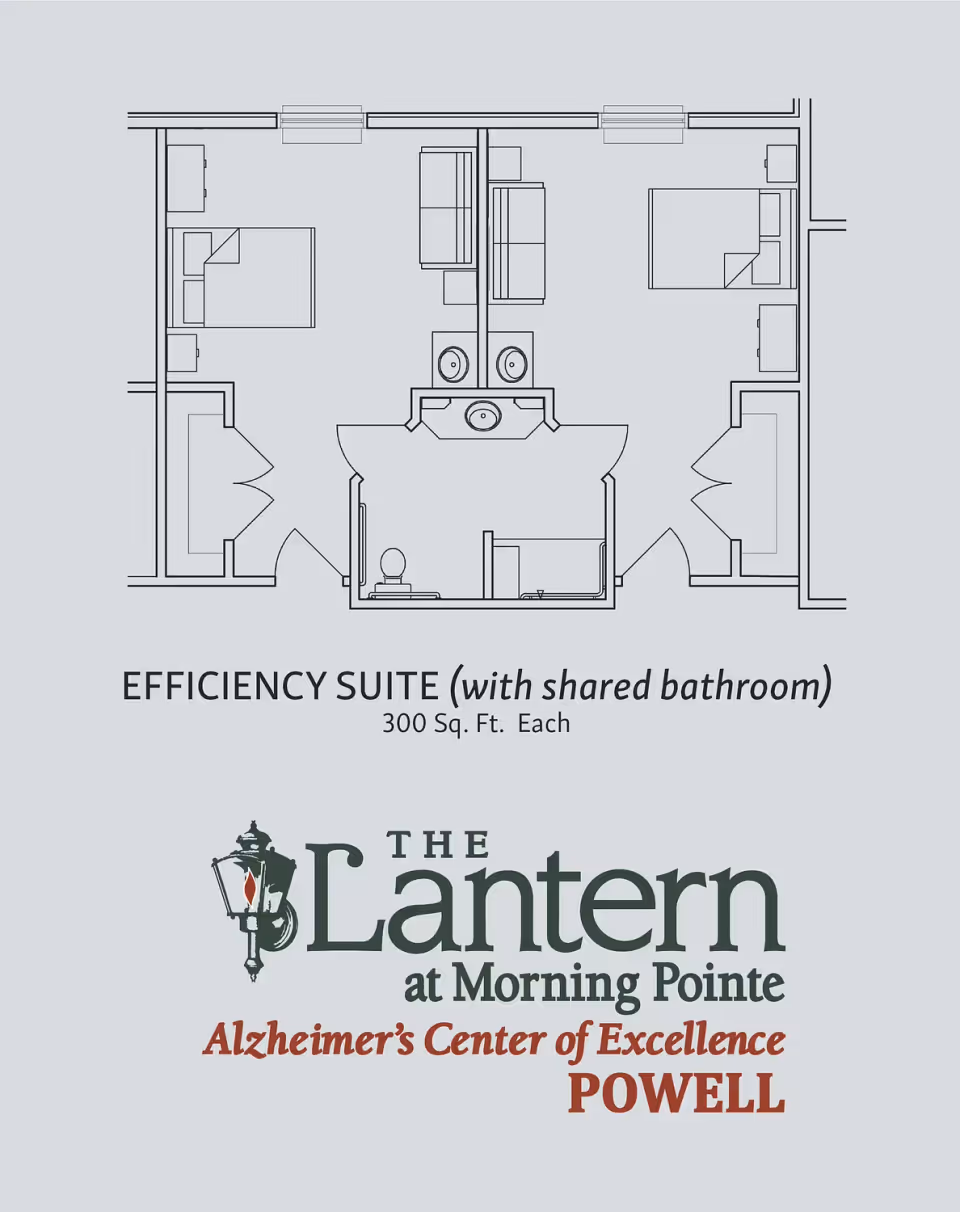 Architectural floor plan of an efficiency suite with a shared bathroom, showing two separate bedrooms each with a bed, dresser, and closet, connected by a shared bathroom with two sinks, a toilet, and a shower.
