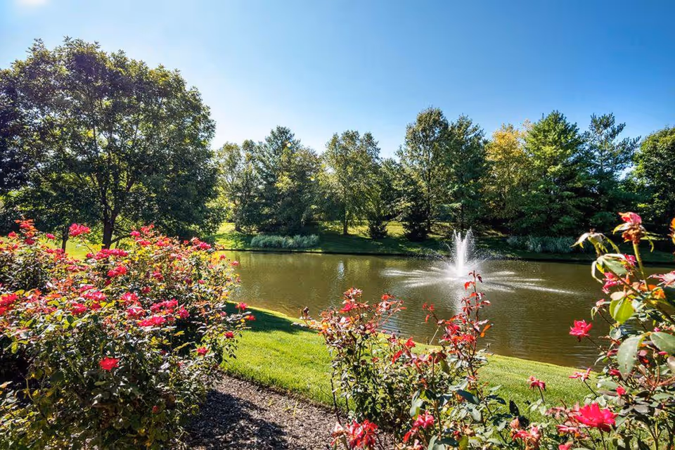A scenic outdoor view of a pond with a water fountain in the center, surrounded by green grass, trees, and blooming red flowers under a clear blue sky.