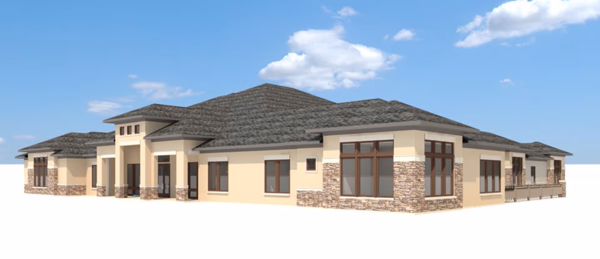 3D architectural rendering of a single-story assisted living facility building with beige walls, stone accents, multiple windows, and a gray shingled roof under a blue sky with some clouds.