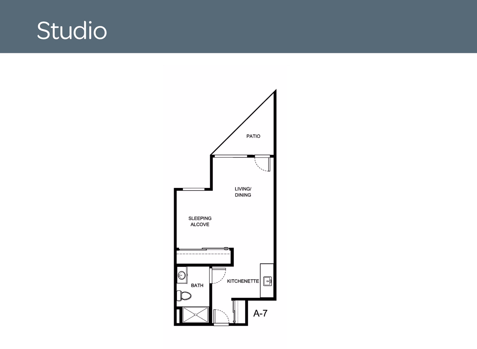 Floor plan of a studio apartment at Asher Point Independent Living of Lincoln showing a sleeping alcove, bath, kitchenette, living/dining area, and a patio.