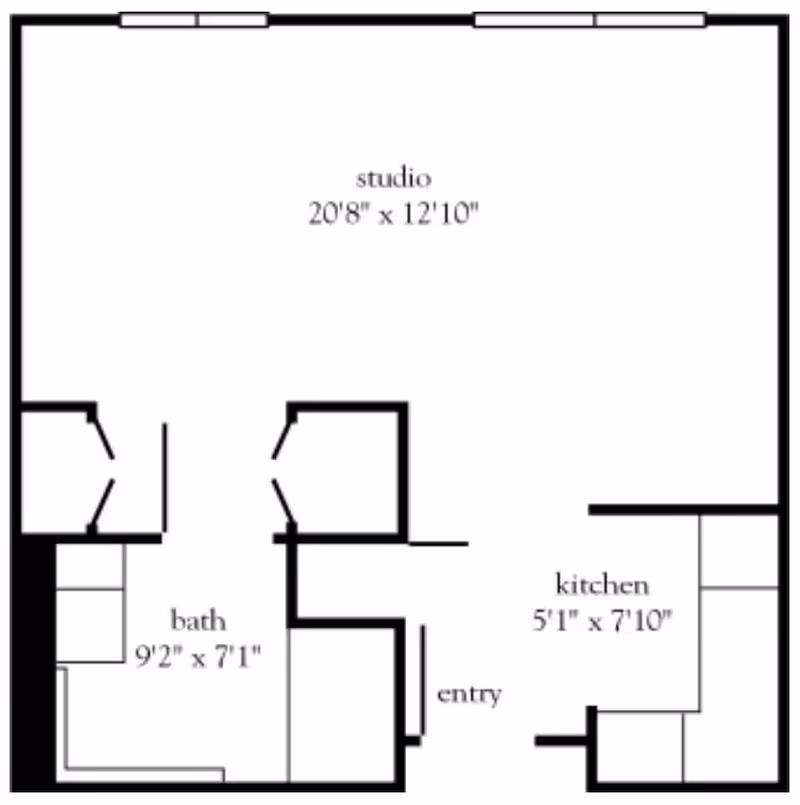 Floor plan of a studio apartment showing a studio area measuring 20 feet 8 inches by 12 feet 10 inches, a bathroom measuring 9 feet 2 inches by 7 feet 1 inch, a kitchen measuring 5 feet 1 inch by 7 feet 10 inches, and an entry area.
