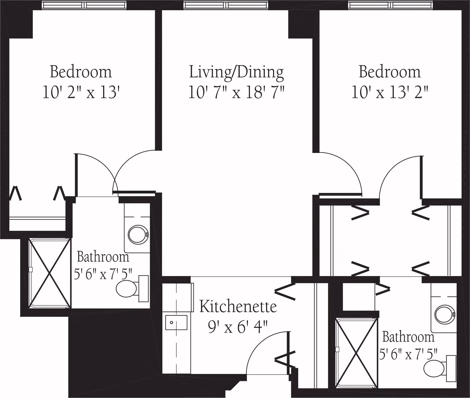 Floor plan layout of a living space at Lake Barrington Woods showing two bedrooms, two bathrooms, a living/dining area, and a kitchenette with dimensions for each room.