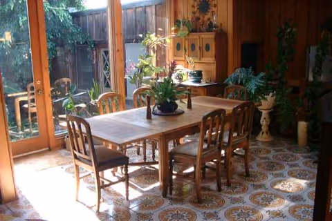 Sunlit dining room with a wooden table, chairs, plants, and a vintage cabinet.