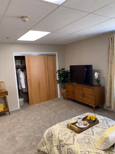 A bedroom with beige carpet and light-colored walls. There is a bed with a patterned yellow and gray comforter and a tray with a cup, plate, and flowers on it. A wooden dresser with a flat-screen TV and a white orchid plant is against the wall. Next to the dresser is a potted plant. A closet with sliding wooden doors is partially open, showing hanging clothes inside. A window with patterned curtains is on the right side of the room.