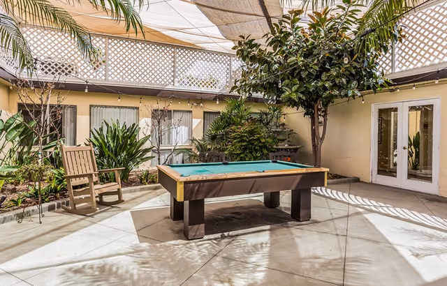 Indoor courtyard area with a pool table in the center, surrounded by plants and greenery. There is a wooden rocking chair to the left and a large tree to the right. The space is covered with a translucent canopy allowing sunlight to filter through. French doors and windows are visible in the background.