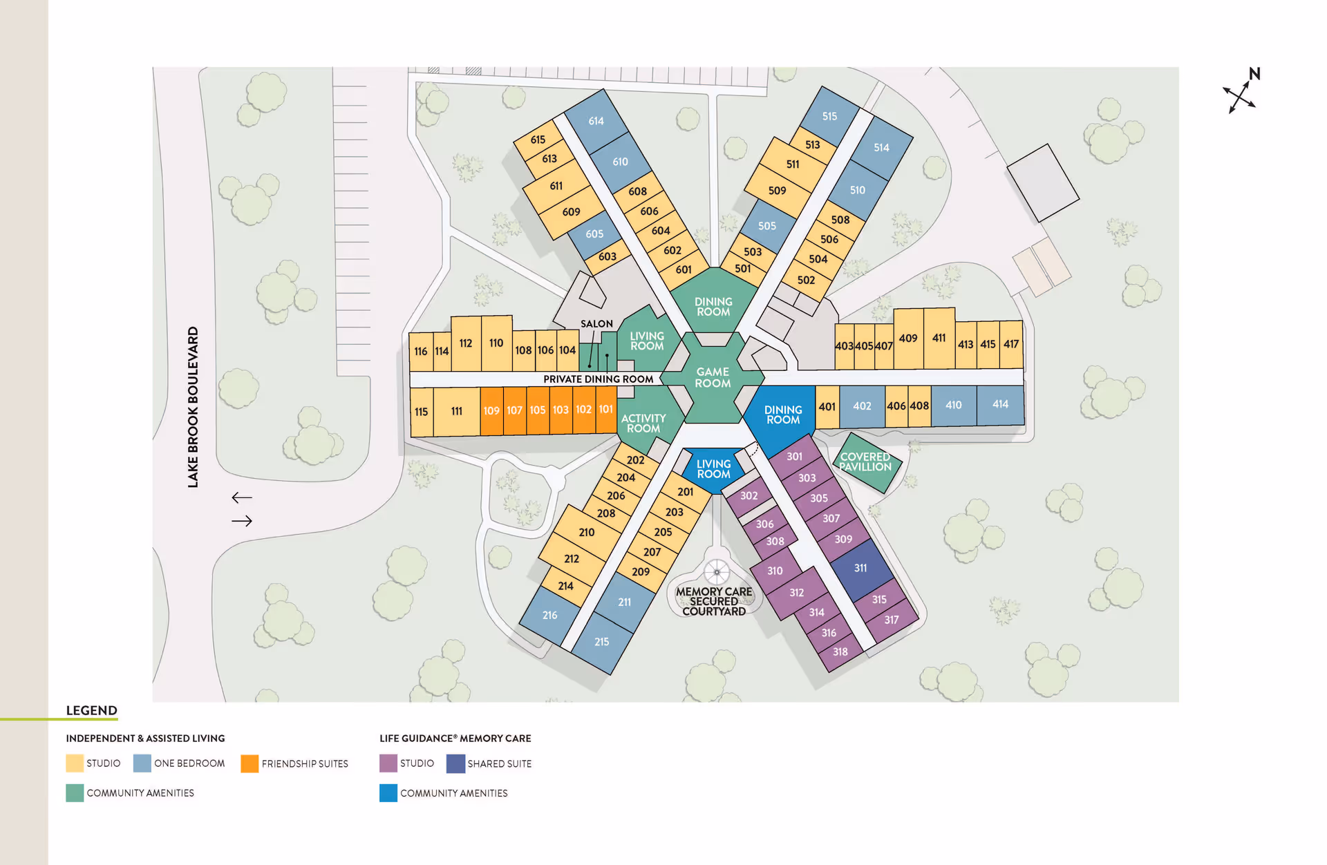 Floor plan of Knoxville Landing - A Willow Ridge Senior Living community showing various residential units and community amenities. The layout includes independent and assisted living areas with studio, one-bedroom, and friendship suites, as well as life guidance memory care with studio and shared suites. Community amenities such as dining rooms, living rooms, game room, salon, activity room, private dining room, and covered pavilion are centrally located. The plan is surrounded by green spaces and parking areas, with labeled streets and a north directional arrow.