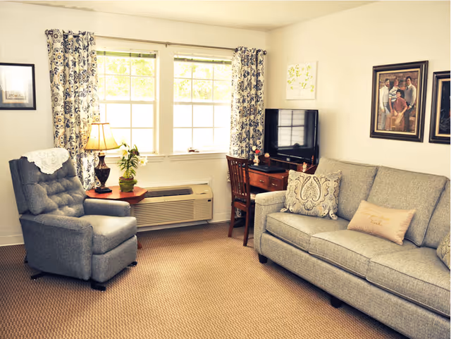 A cozy living room with a gray upholstered armchair with a white doily on the back, a wooden side table with a lamp and a potted plant, two large windows with patterned curtains, a wooden desk with a chair and a flat-screen TV, and a gray sofa with decorative pillows. The walls have framed pictures and artwork.