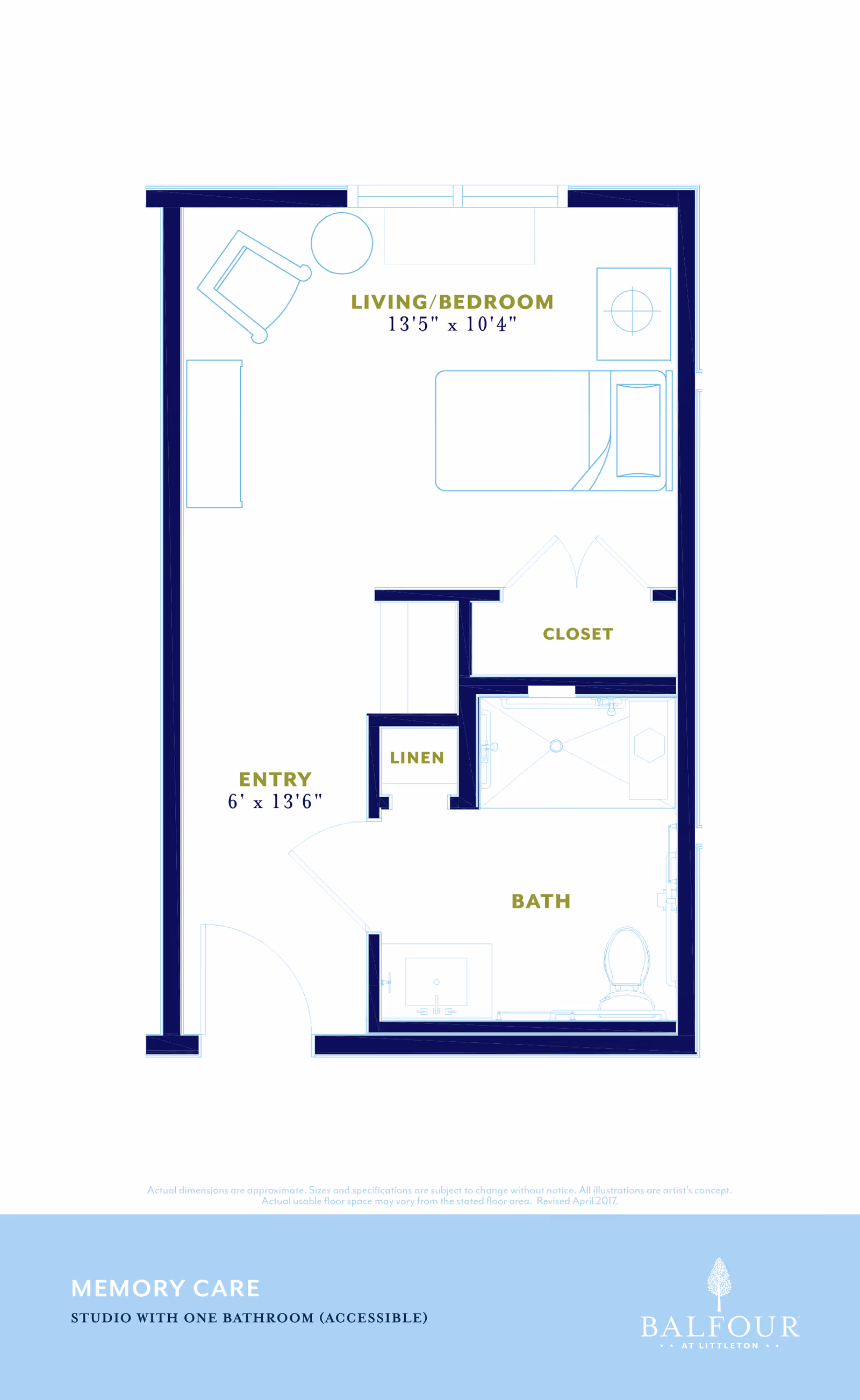 Floor plan of a memory care studio apartment with one accessible bathroom at Balfour Littleton, showing labeled areas including living/bedroom, closet, bath, linen closet, and entry.