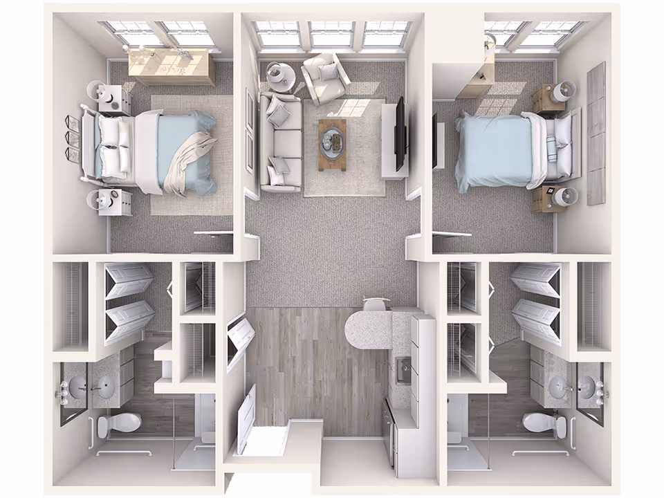 Top-down view of a two-bedroom apartment floor plan featuring two bedrooms each with a bed, nightstands, and closets. The center area includes a living room with a sofa, armchair, coffee table, and TV, and a kitchen with appliances and a small dining counter. Each bedroom has an adjacent bathroom with a sink, toilet, and shower.