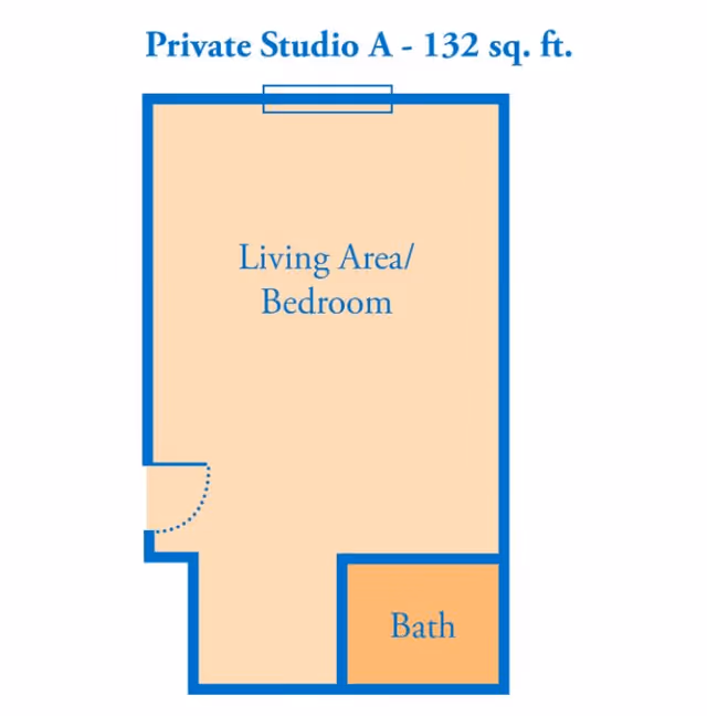 Floor plan of Private Studio A at Memory Haven, showing a 132 square feet layout with a combined living area and bedroom, and a separate bathroom.