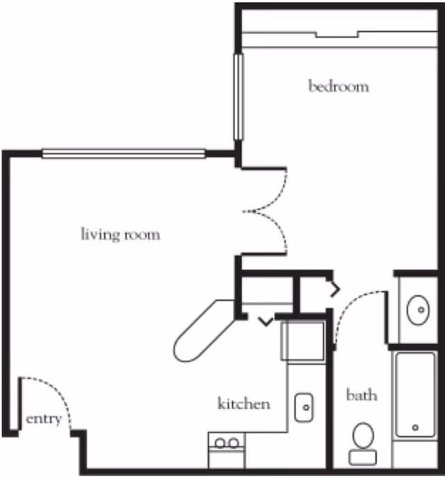 Floor plan of a living space showing an entry leading into a living room, adjacent kitchen area, a bedroom, and a bathroom with a bathtub, toilet, and sink.