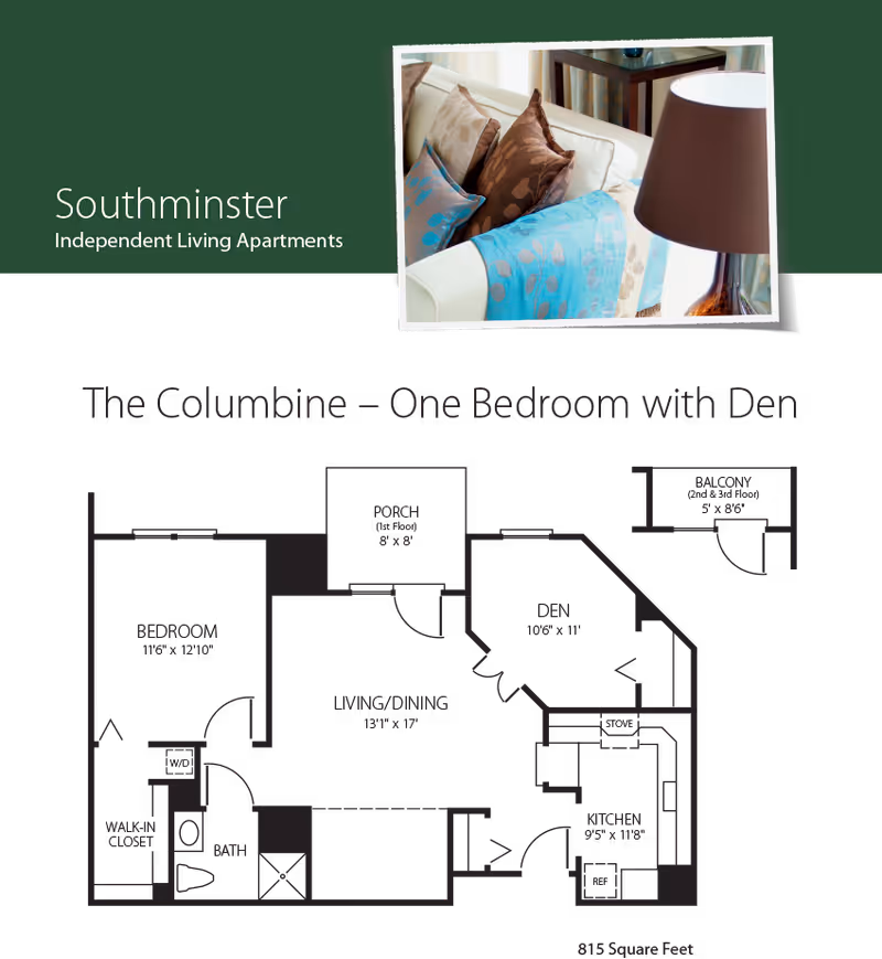 Floor plan layout of The Columbine, a one-bedroom apartment with a den, showing dimensions for bedroom, living/dining area, den, kitchen, porch, balcony, walk-in closet, bath, and washer/dryer area. Includes a small inset photo of a living room corner with a white couch, decorative pillows, a blue throw, and a brown lamp.