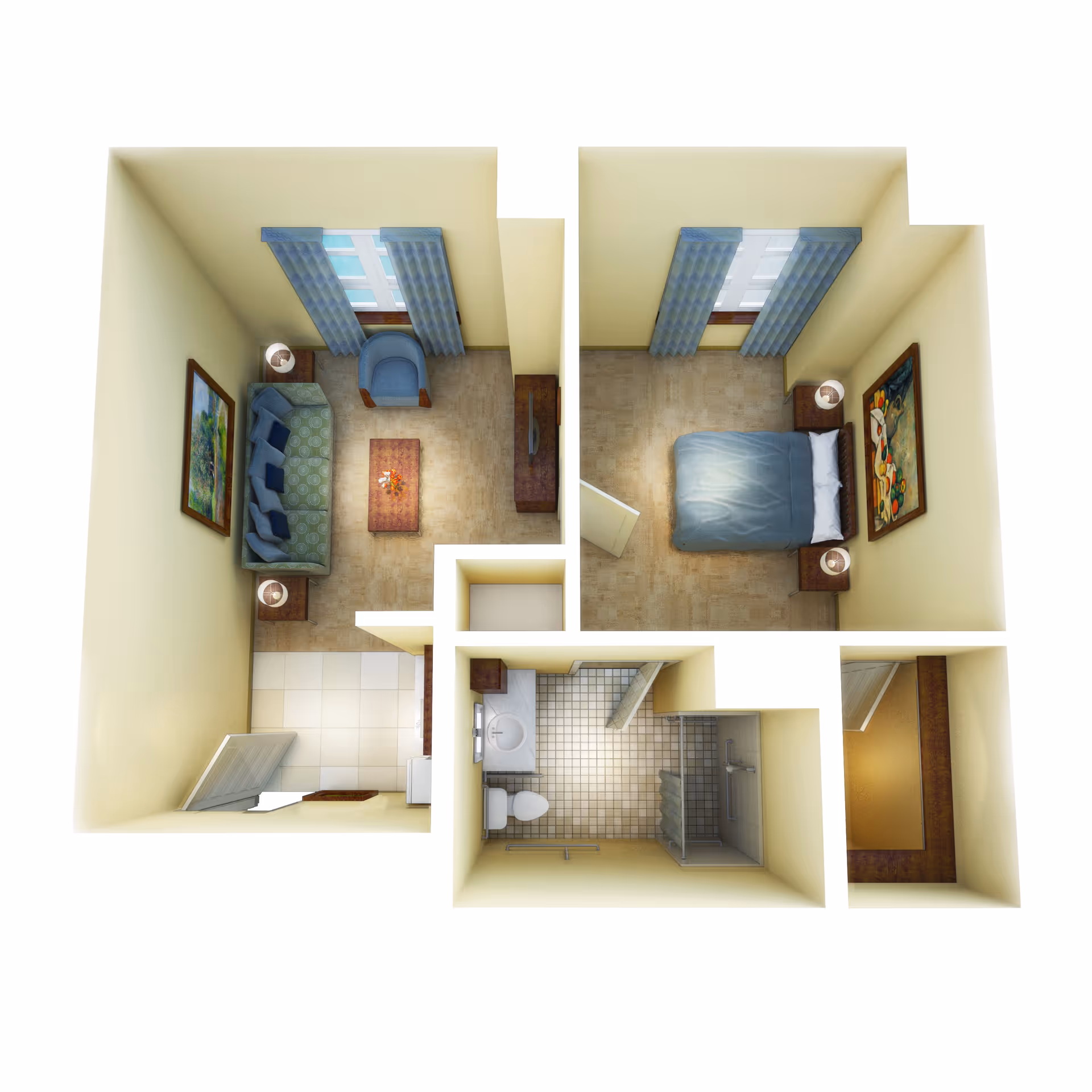 3D floor plan of a small apartment unit showing a living room with a sofa, armchair, coffee table, and TV, a bedroom with a bed and two nightstands, a bathroom with a toilet, sink, and shower, and a small kitchen area near the entrance.