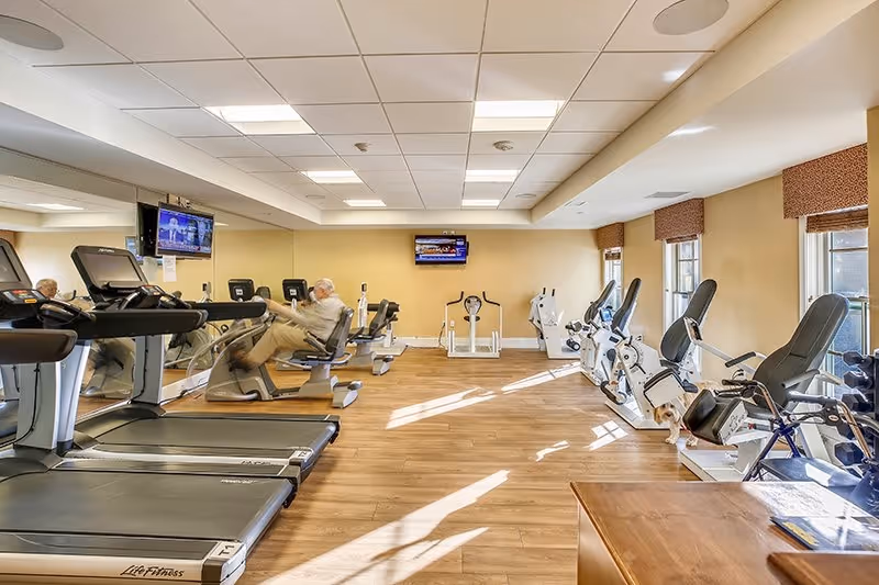 Bright exercise room with treadmills, recumbent bikes, and other cardio equipment.