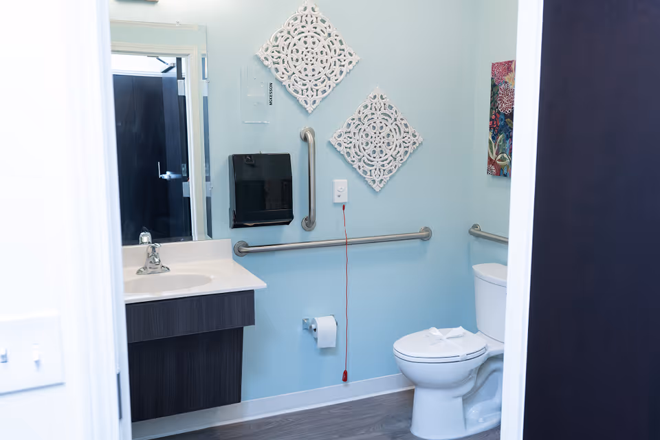 Small accessible bathroom with a sink and mirror on the left, a toilet with grab bars and decorative wall art on pale blue walls.