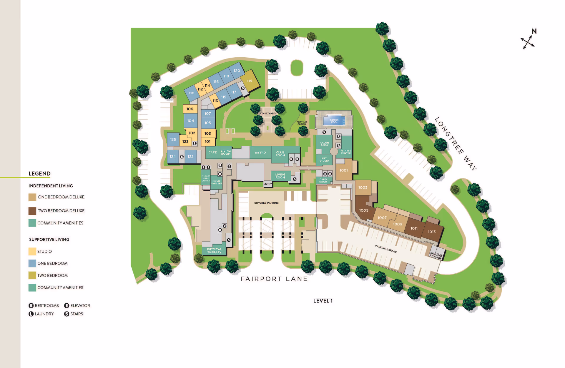 Floor plan map of Ridgecrest at Cranberry Woods showing the building layout, unit numbers, parking, amenities, and a legend.