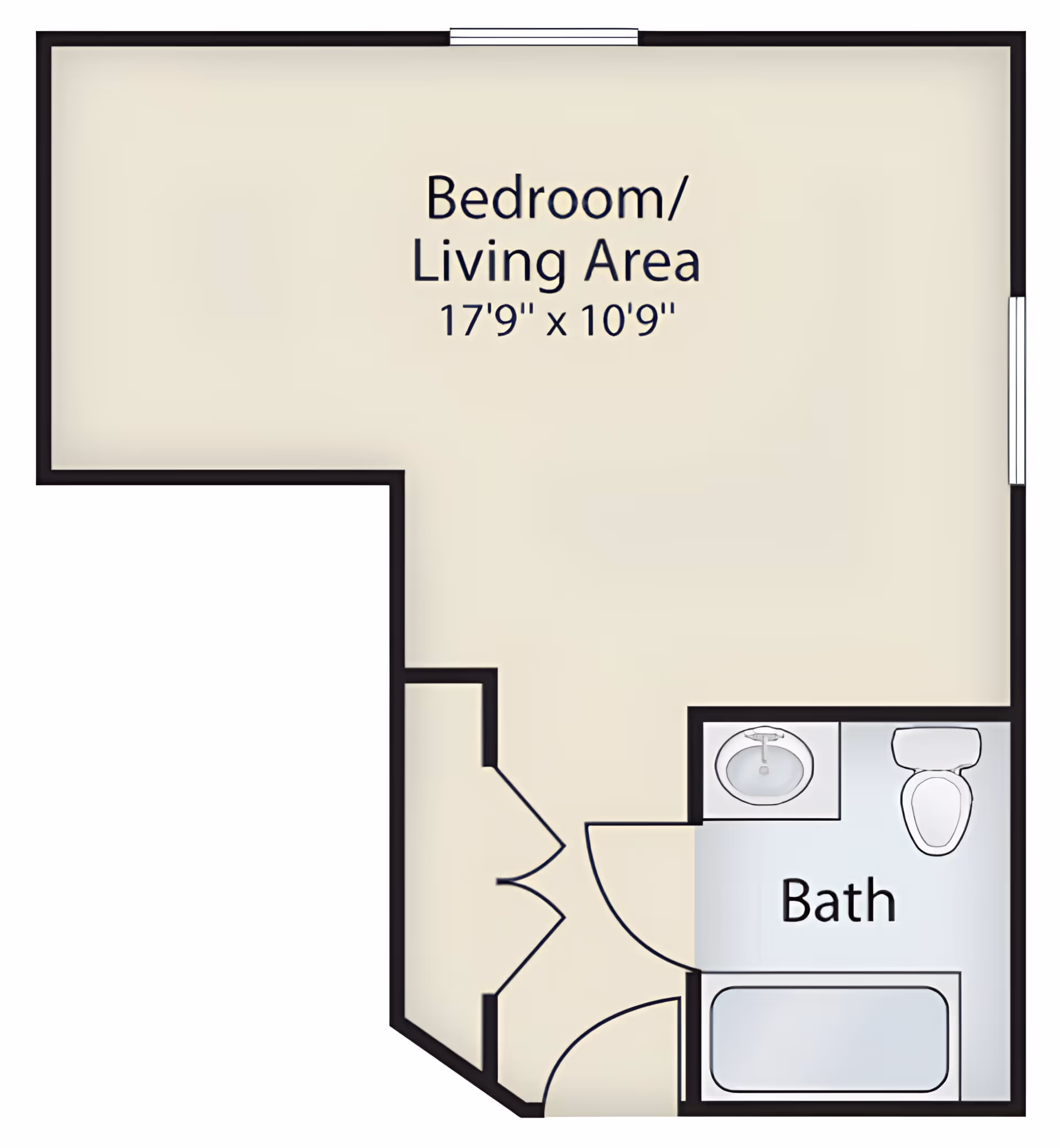 Floor plan of a senior living unit showing a combined bedroom and living area measuring 17 feet 9 inches by 10 feet 9 inches, with an adjacent bathroom that includes a sink, toilet, and bathtub.