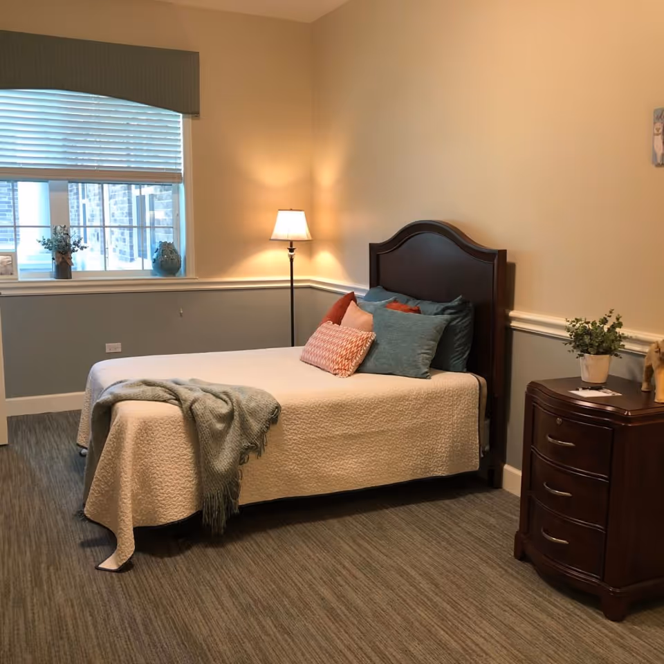 A cozy bedroom with a single bed covered in a white quilt and several colorful pillows. A gray throw blanket is draped over the foot of the bed. Next to the bed is a wooden nightstand with three drawers, a small potted plant, and a decorative item. A floor lamp with a white shade stands in the corner, casting warm light. A window with blinds and a valance lets in natural light, and the walls are painted beige with a white chair rail and blue-gray lower section.