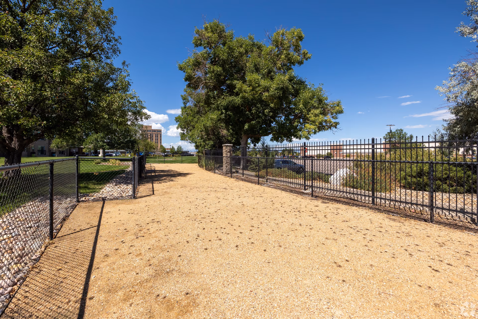 A wide gravel pathway bordered by black metal fences on both sides, with green trees and grass on the left and shrubs on the right under a clear blue sky.