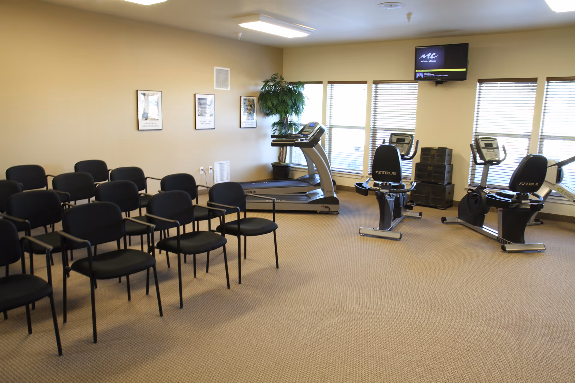 A room with several rows of black chairs arranged facing a corner with exercise equipment including two recumbent bikes and a treadmill. The room has beige walls, carpeted floor, three framed pictures on the wall, a potted plant near the window, and a wall-mounted TV above the exercise machines.