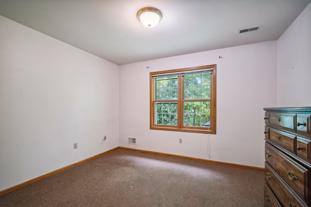 Empty room with beige carpet, white walls, a wooden framed window showing green trees outside, a ceiling light fixture, and a wooden dresser on the right side.